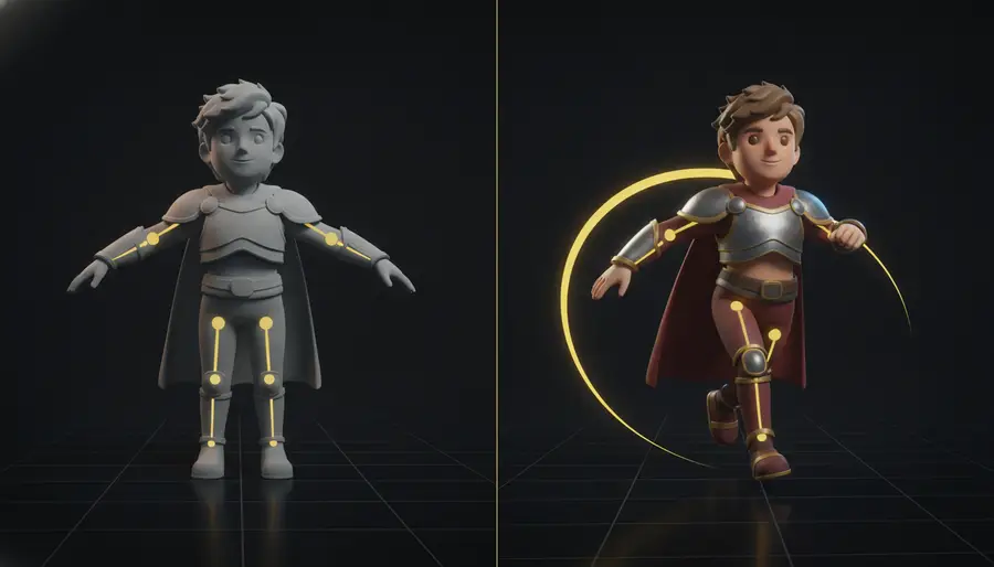 An uploaded 3D character being auto-rigged and animated by AI